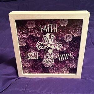Handmade Shadow Box-Purple Floral Faith Hope Love Wall Decor